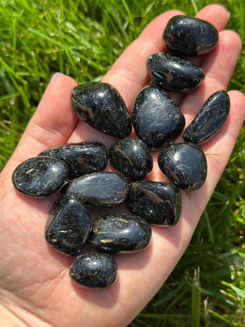 May include: A collection of polished black stones, each with a smooth, rounded shape. The stones vary in size and reflect light, creating a glossy appearance. The stones are held in a hand against a backdrop of green grass.