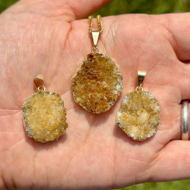 Raw Citrine Pendant (Heat Treated) - Gold Color Backing- Small Citrine Cluster Necklace - Crystal Necklace - Brazilian Citrine image 2