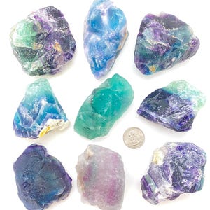 Puede incluir: Diez cristales de fluorita en varios tonos de azul, verde, morado y blanco. Los cristales son &aacute;speros y tienen un aspecto natural sin pulir. Se incluye una moneda de 20 c&eacute;ntimos de euro para la escala.