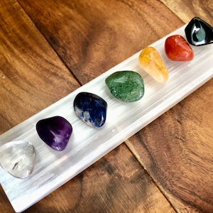 Selenite Plate & Chakra Set - Selenite Crystals - Selenite Slab - Healing Crystals and Stones - Tumbled Chakra Crystal Set - Starter Kit