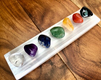 Selenite Plate & Chakra Set - Selenite Crystals - Selenite Slab - Healing Crystals and Stones - Tumbled Chakra Crystal Set - Starter Kit