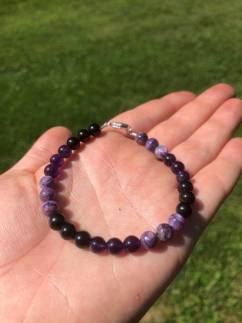 Protection Bracelet 6mm beads black tourmaline, amethyst, & charoite bracelet healing crystal bracelet black tourmaline bracelet image 7