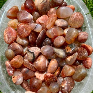 May include: A clear glass bowl filled with polished, tumbled stones. The stones are a mix of warm colors, including shades of orange, brown, and tan. The stones have a smooth, rounded shape and varying patterns.