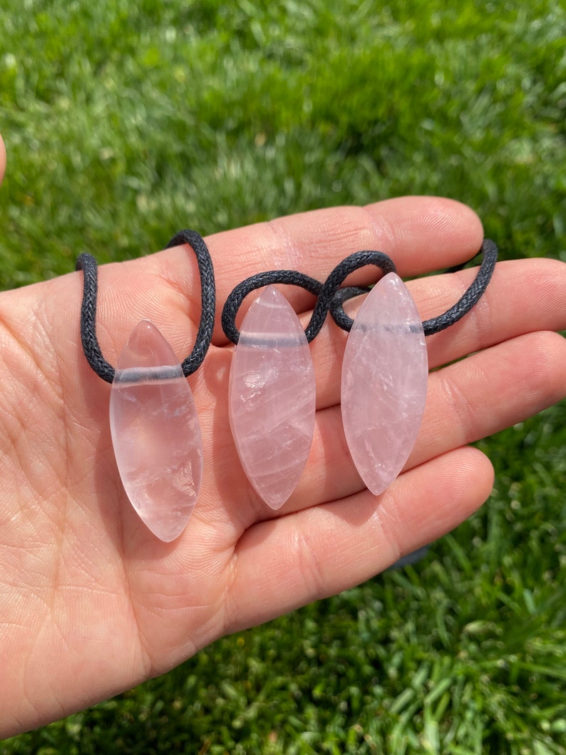 Rose Quartz Pendant on 28" Black Cord - Polished Rose Quartz Marquise Necklace - Crystal Necklace - Rose Quartz Jewelry image 2