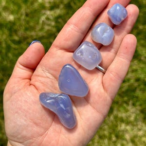 May include: A collection of six smooth, polished blue chalcedony stones of varying shapes and sizes. The stones are held in an open hand against a backdrop of green grass. The stones have a translucent quality.