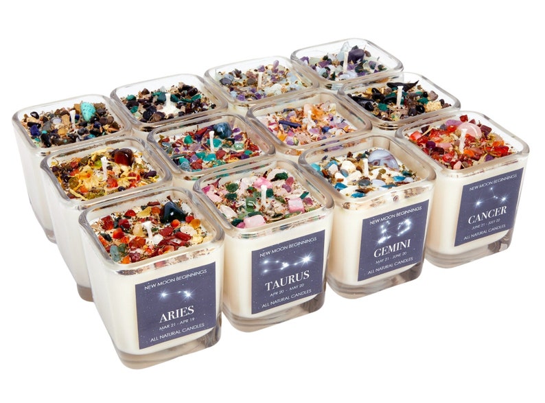 Zodiac Candles With Crystals and Herbs Zodiac Sign Candles Etsy