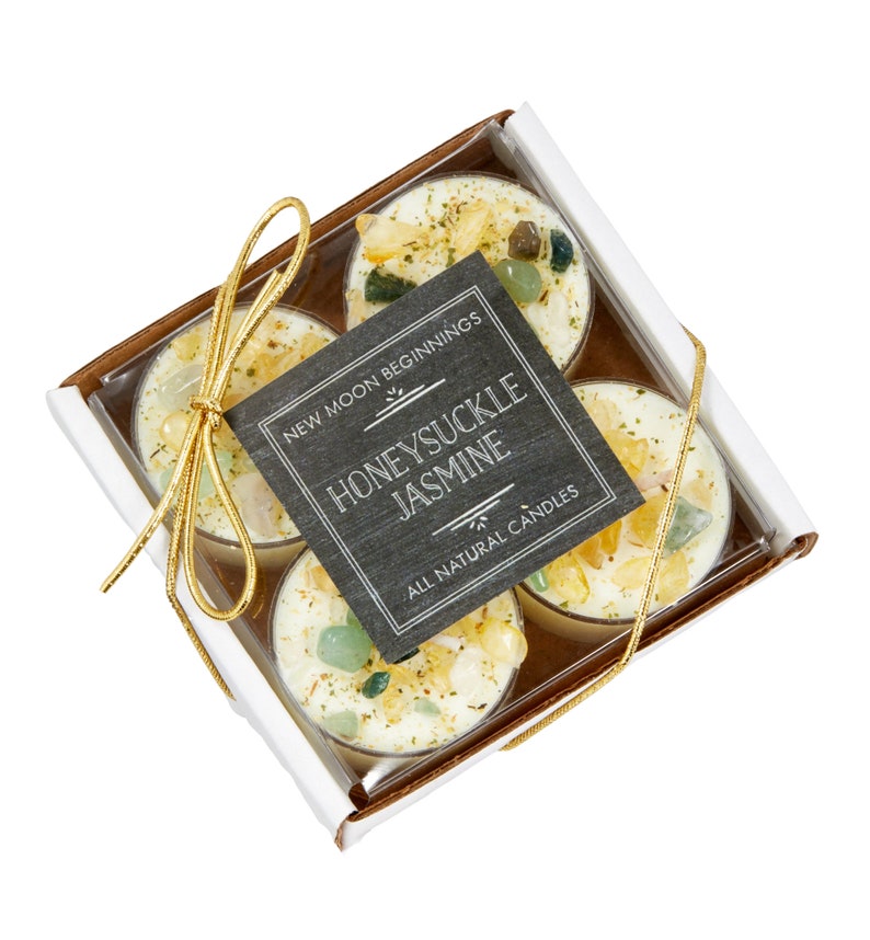 Honeysuckle Jasmine Candles - Crystal & Herb Candles - Aromatherapy Candles - Floral Candle - Soy Jasmine Candles and Tealights - Handmade! Set of 4 Tealights