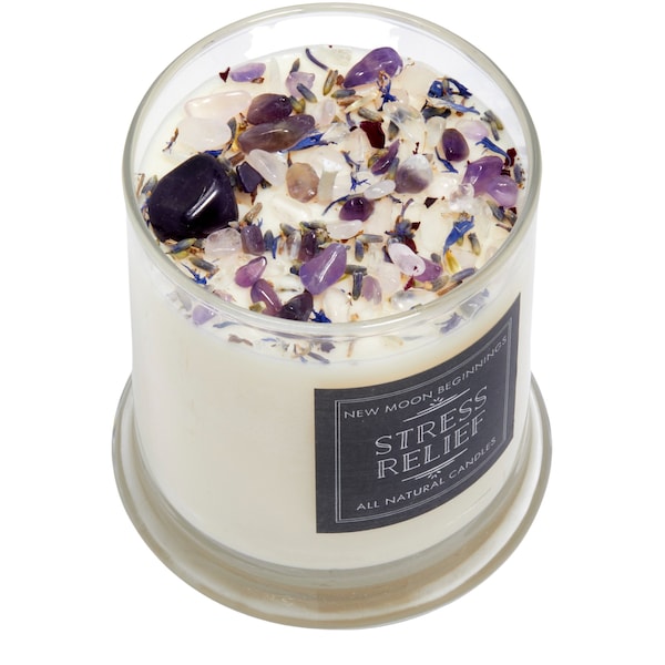 Stress Relief Candles - Lavender Candle or Tealights- Stress Relief Gift - Soy Aromatherapy Candle w/ Amethyst, Rose Quartz, Clear Quartz