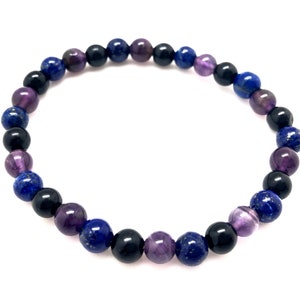 Amethyst, Lapis Lazuli, & Black Tourmaline Bracelet Elastic Bracelet Energy Protection Bracelet Healing Crystals and stones image 2