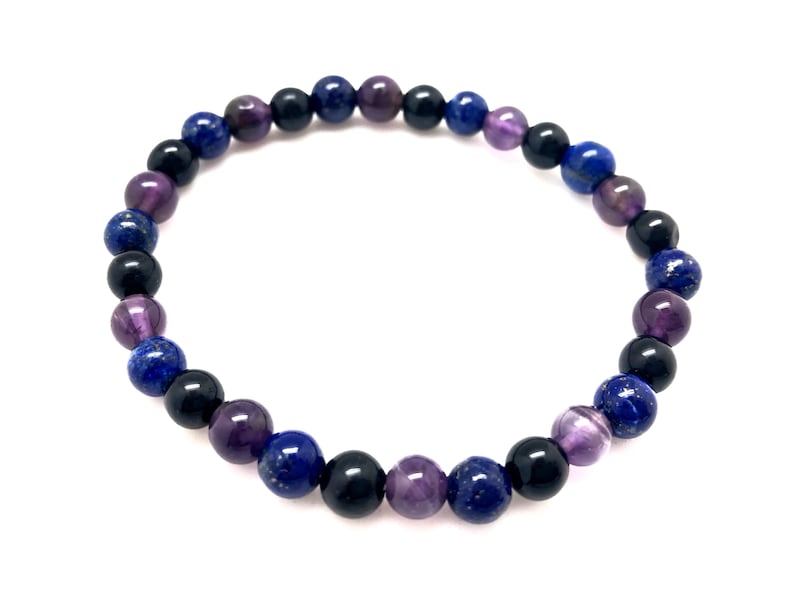 Amethyst, Lapis Lazuli, & Black Tourmaline Bracelet Elastic Bracelet Energy Protection Bracelet Healing Crystals and stones image 2