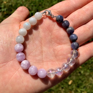 Rainbow Moonstone, Kunzite, Tanzanite, & Angel Aura Quartz Bracelet 8mm - Crystals and Stones - Love Energy Bracelet