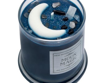 Moon Magic Candle - 12oz Crescent Moon Crystal Candle - Manifestation Candle - Cleansing Ritual Moon Candle- New Moon, New Beginnings Candle