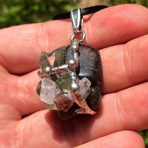 Spiritual Awakening Amulet - Beam of Light Necklace - Higher Consciousness - Raw Selenite, Kunzite, Labradorite, Mixed Tourmaline Pendant