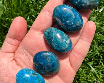 Puede incluir: Cinco piedras de apatita azul lisas y pulidas, cada una con un patrón único de vetas blancas y grises, están dispuestas en una fila sobre una mano. Las piedras tienen forma ovalada y un acabado brillante.