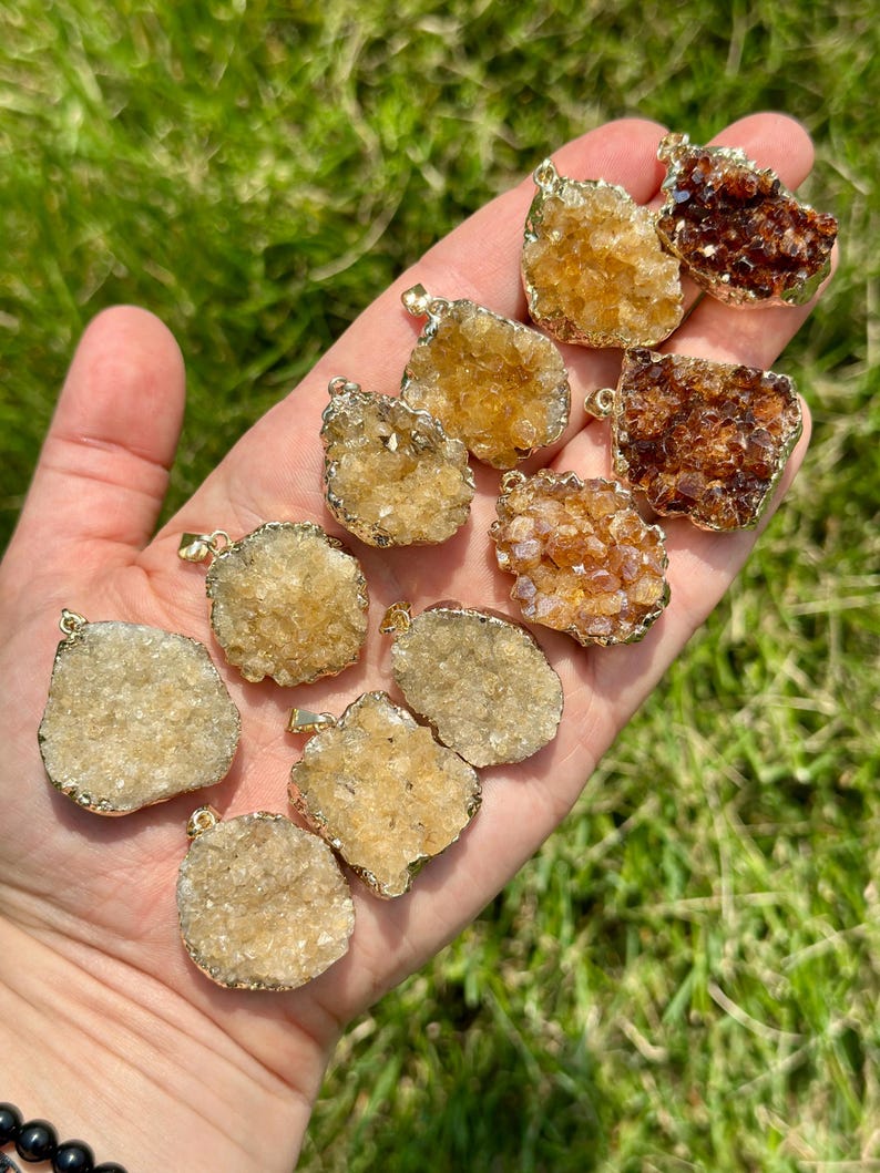 Raw Citrine Pendant (Heat Treated) - Gold Color Backing- Small Citrine Cluster Necklace - Crystal Necklace - Brazilian Citrine image 7