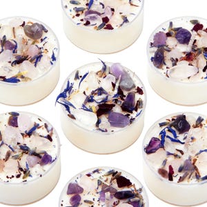 Stress Relief Candles - Lavender Candle or Tealights - Soy Aromatherapy Candle w/ Amethyst, Rose Quartz, Clear Quartz image 8