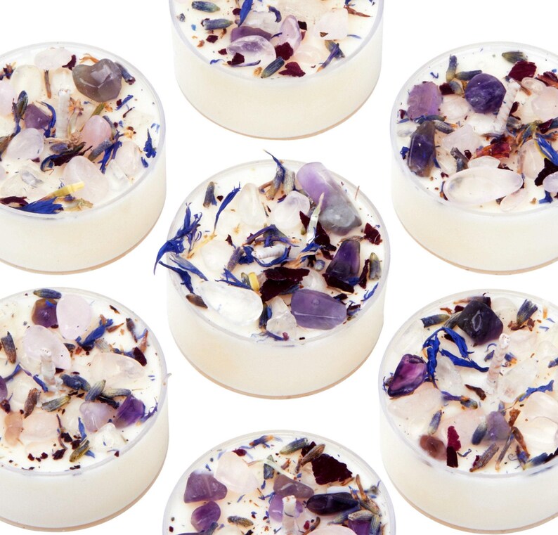 Stress Relief Candles - Lavender Candle or Tealights - Soy Aromatherapy Candle w/ Amethyst, Rose Quartz, Clear Quartz image 8