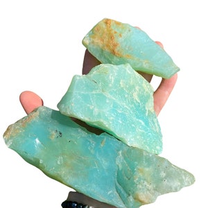 Puede incluir: Tres piezas de piedra preciosa de crisoprasa en bruto, de color verde azulado claro. Las piedras tienen una textura rugosa y natural con algunas zonas de coloraci&oacute;n marr&oacute;n y beige. Las piedras preciosas se sostienen en una mano sobre un fondo blanco.