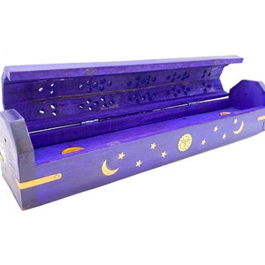 Purple Celestial Wooden Incense Burner - Sun, Moon and Stars Brass Inlay - Purple Incense Holder - Incense Box - Stick Burner - Cone Burner