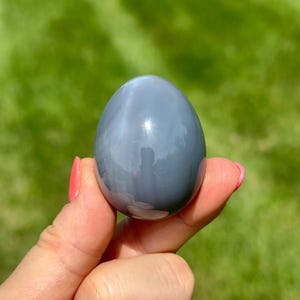 May include: A smooth, gray, egg-shaped stone. The polished surface reflects light, creating highlights. The stone is held between fingers against a blurred green background.