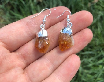 Raw Citrine Pendant Earrings - Crystal Earrings - Raw Citrine Crystal Point Pendant Earrings - Citrine Jewelry - Dangle Earrings