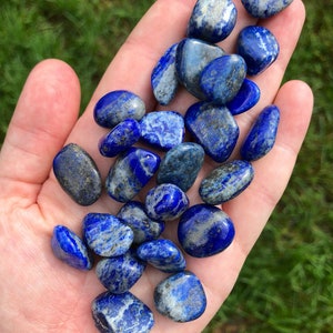 May include: A collection of tumbled lapis lazuli stones in various shades of blue with flecks of gold pyrite. The stones are smooth and polished, and they are arranged in a hand.