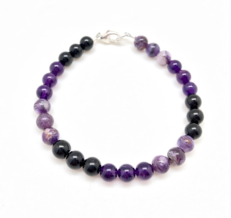 Protection Bracelet 6mm beads black tourmaline, amethyst, & charoite bracelet healing crystal bracelet black tourmaline bracelet image 1