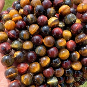 Mixed Tigers Eye Bead Strands - Grade A - Red, Blue, & Gold Tigers Eye Crystal Beads - Round Beads for Jewelry - Polished Gemstone Beads