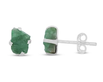 Raw Emerald Earrings - Sterling Silver Stud Earrings - Emerald Crystal Earrings - Emerald Jewelry - Emerald Post Earrings - May Birthstone