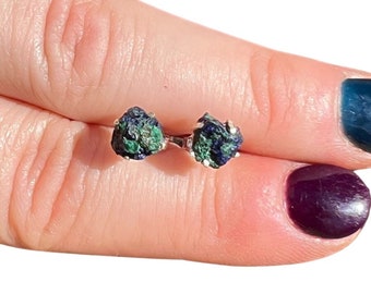 Pendientes de cristal de azurita en bruto - Plata de ley - Pendientes de piedra preciosa azul verdosa - Pendientes de azurita con pasador - Joyería de azurita - Piedra de azurita