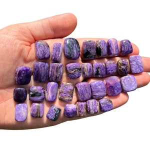 May include: A collection of 20 tumbled purple and silver spectrolite stones. The stones are smooth and polished, with a variety of shapes and sizes.