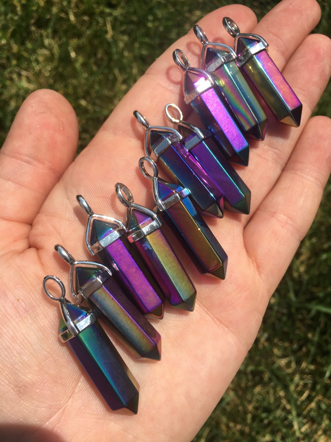 Too Hot Pink Rainbow Aura Quartz Crystal Pendant On 20" Stainless Steel Chain