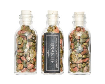 Unakite Stone Bottle - Polished Unakite Chips in Bottle - Tumbled Unakite Crystal - Unakite Tumbled Gemstone Chips - Green Crystal Chips