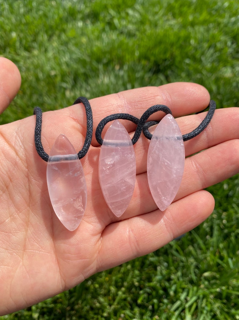 Rose Quartz Pendant on 28" Black Cord - Polished Rose Quartz Marquise Necklace - Crystal Necklace - Rose Quartz Jewelry image 4