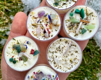 Mixed 6-Pack of Spring Candles Tealight - Spring Seasonal Candles - Intention Tea Lights w/ Dried Flowers, Herbs, and Crystals - Handmade!