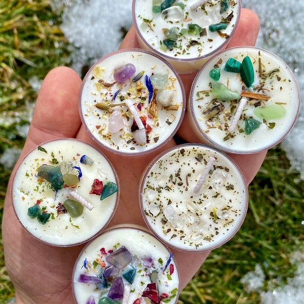 Mixed 6-Pack of Spring Candles Tealight - Spring Seasonal Candles - Intention Tea Lights w/ Dried Flowers, Herbs, and Crystals - Handmade!