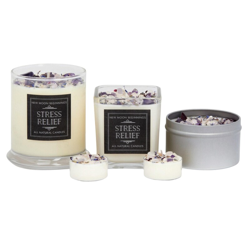 Stress Relief Candles - Lavender Candle or Tealights - Soy Aromatherapy Candle w/ Amethyst, Rose Quartz, Clear Quartz image 3