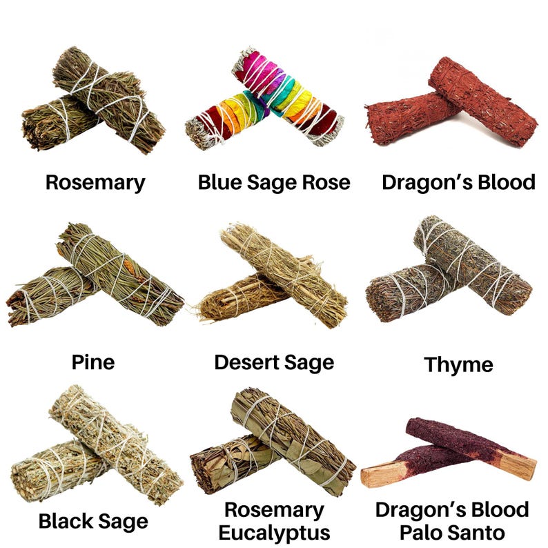 May include: Assortment of nine different types of smudge sticks, including rosemary, blue sage rose, dragon's blood, pine, desert sage, thyme, black sage, rosemary eucalyptus, and dragon's blood palo santo.