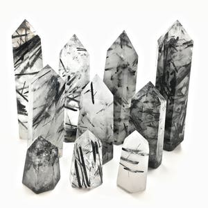 Black Tourmaline Stone in Quartz Crystal Point - Polished Tourmalinated Quartz Tower - Tumbled Black Tourmaline and Clear Quartz Crystal