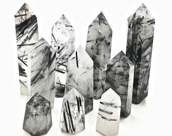 May include: A collection of eight black tourmaline and clear quartz crystal points. The points are various sizes and shapes, with some being longer and thinner than others. The crystals are all clear with black inclusions.