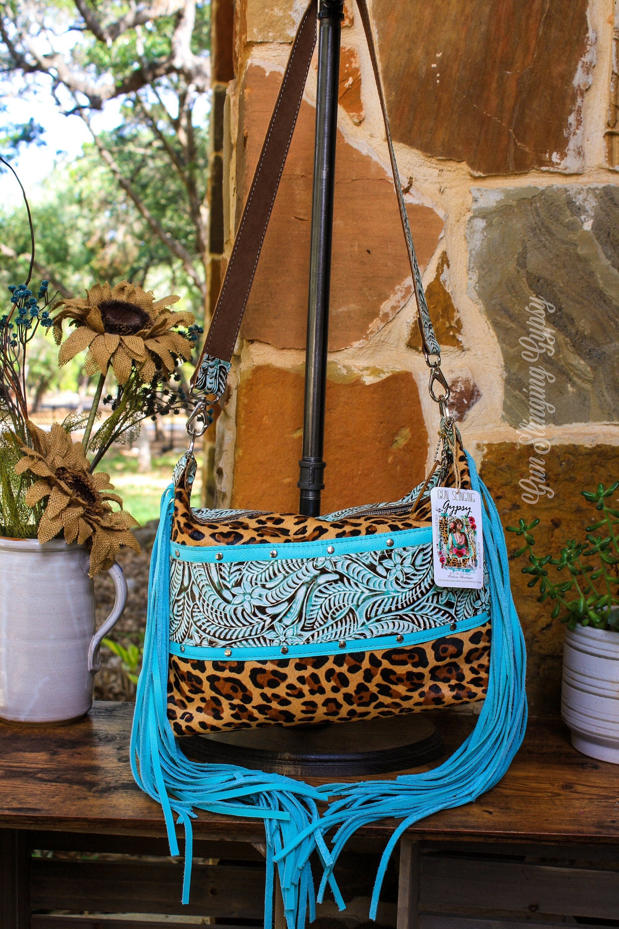 Chasing Cowboys G Upcycled Cowhide Fringe Bag - Turquoise – Style