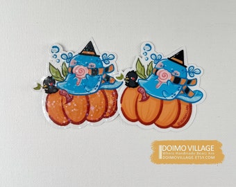 Sticker - Happy Halloween with Little Blue Axolotl (x1) - NEW Matte Coated or Star Holographic coated