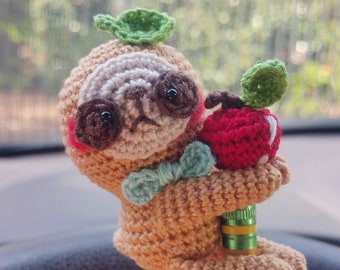 Amigurumi Little Sloth with Apple (Pencil Topper or keychain) *Made2Order*