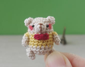 Amigurumi 1 inch Tiny Bear with Red Bow *Made2Order*