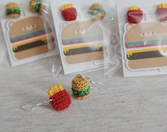 Amigurumi - 0.5" Tiny Burger Set from the BearKing! Silver Earring Pair x1  *Made2Order*