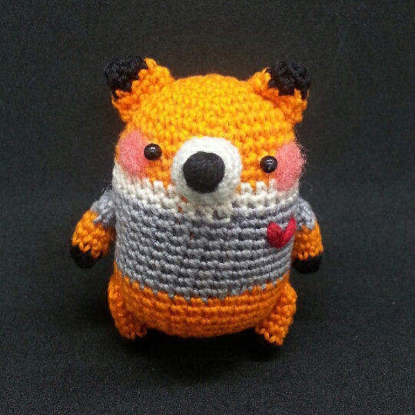 Amigurumi Little Orange Fox with Grey Shirt and red heart
