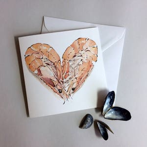 Garnelen Herz Valentinstag Karte nach einem Original Aquarell Gemälde. Romantisches Geschenk zur Hochzeit / Jahrestag für Food Lover