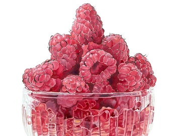 Raspberry Print, Kitchen Art, Watercolour Summer Fruit Poster, Bowl of Red Raspberries, Gardener / Food Lover Gift