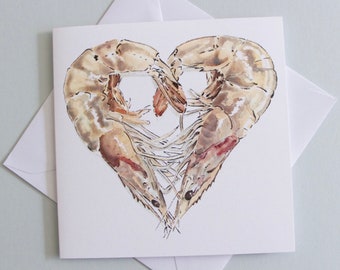 Romantic Prawn Anniversary / Wedding Card of an original watercolour painting. Gift for Seafood Lover.