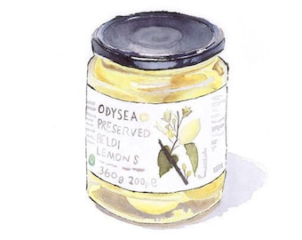 Food Illustration. Jar of Beldi Preserved Lemons. Giclee Print. Yellow Kitchen Art. Birthday Gift for Food Lover